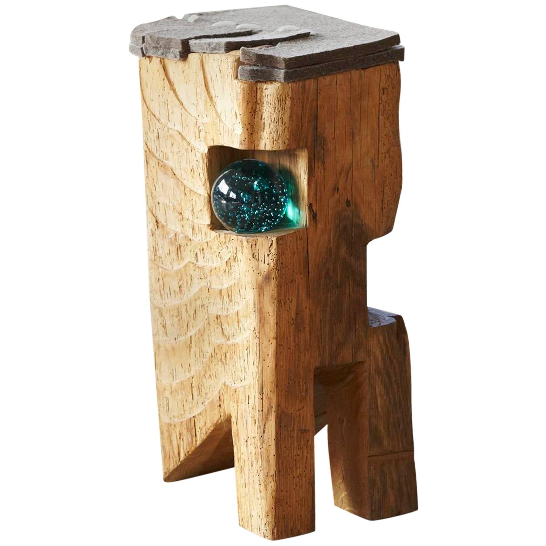 Filz - Stool by Hanni Dietrich - Carved Oak with Felt and Glass For Sale