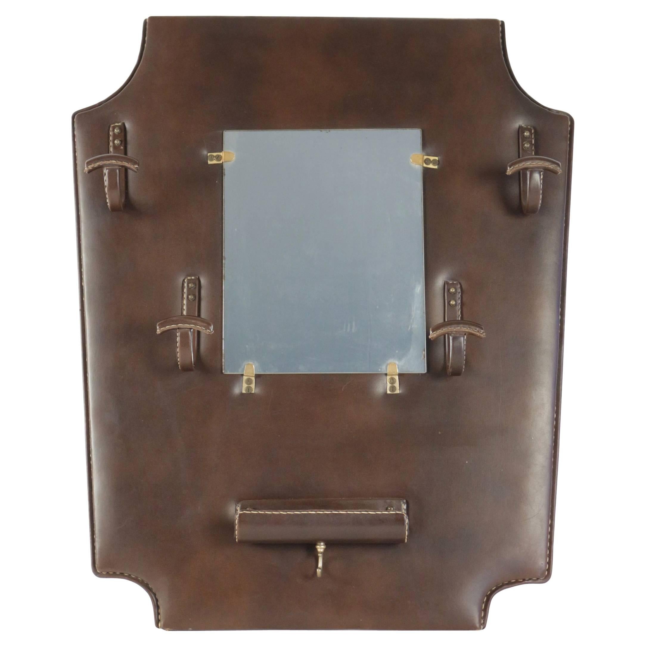 Jacques Adnet 1950s Brown Mirror Coat Rack For Sale
