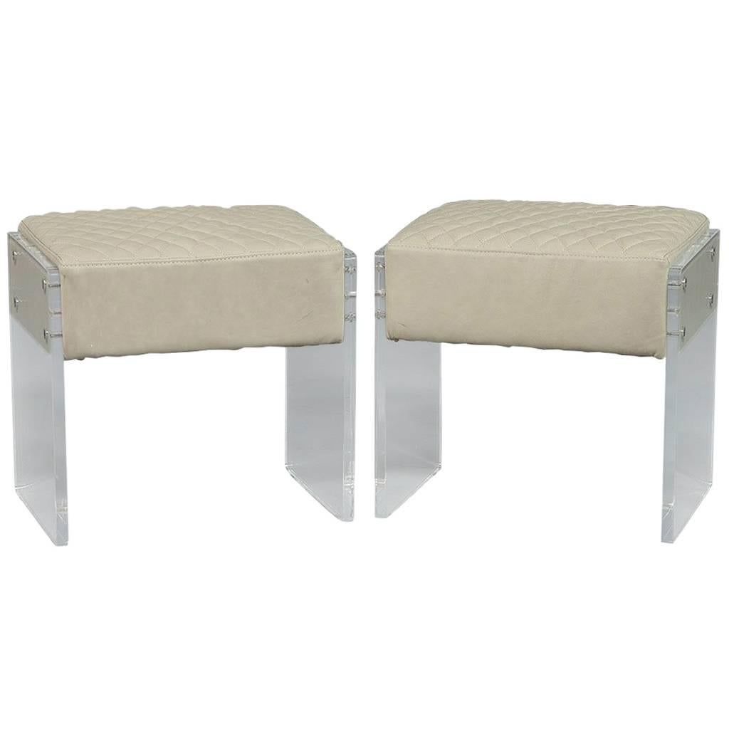 Pair of Quilted Leather and Lucite Stools