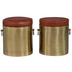Pair of Cylindrical Brass and Leather Ottomans