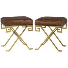 Pair of Compact Cognac Leather and Brass Greek Key Framed Stools