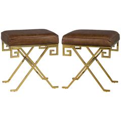 Pair of Compact Cognac Leather and Brass Greek Key Framed Stools 2