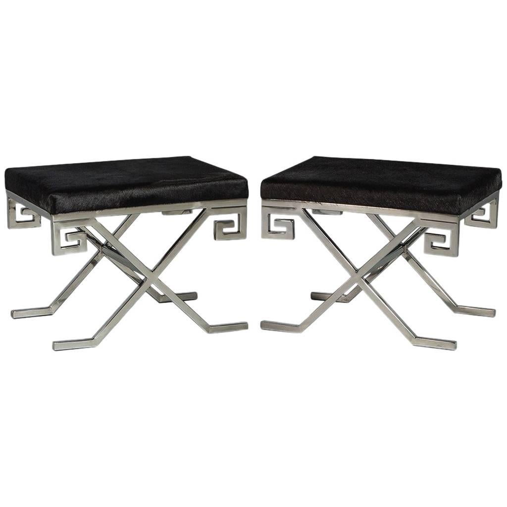 Pair of Compact Black Hide and Stainless Steel Greek Key Framed Stools