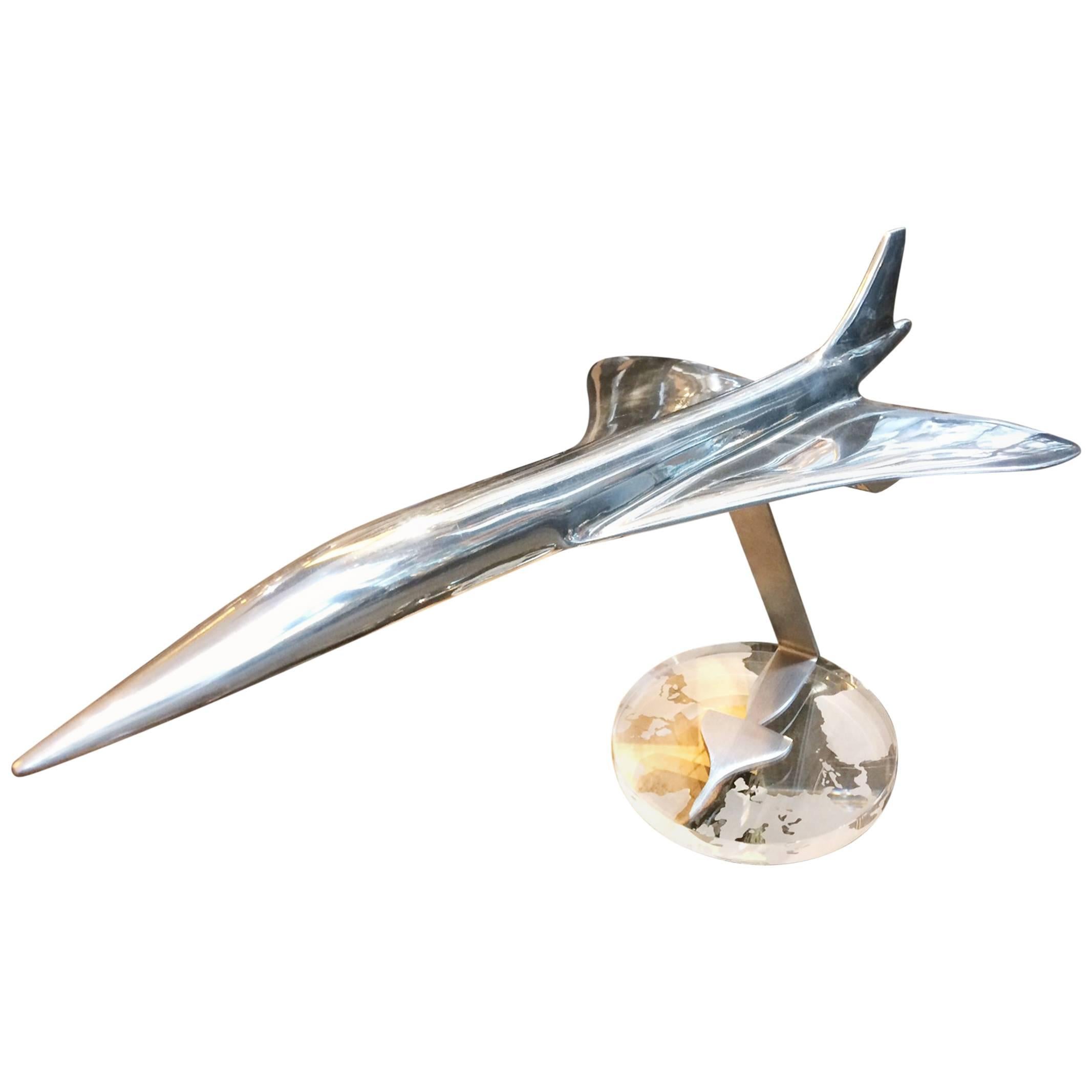 Concorde Model in Polished Aluminium Scale 1/100 on Crystal Base