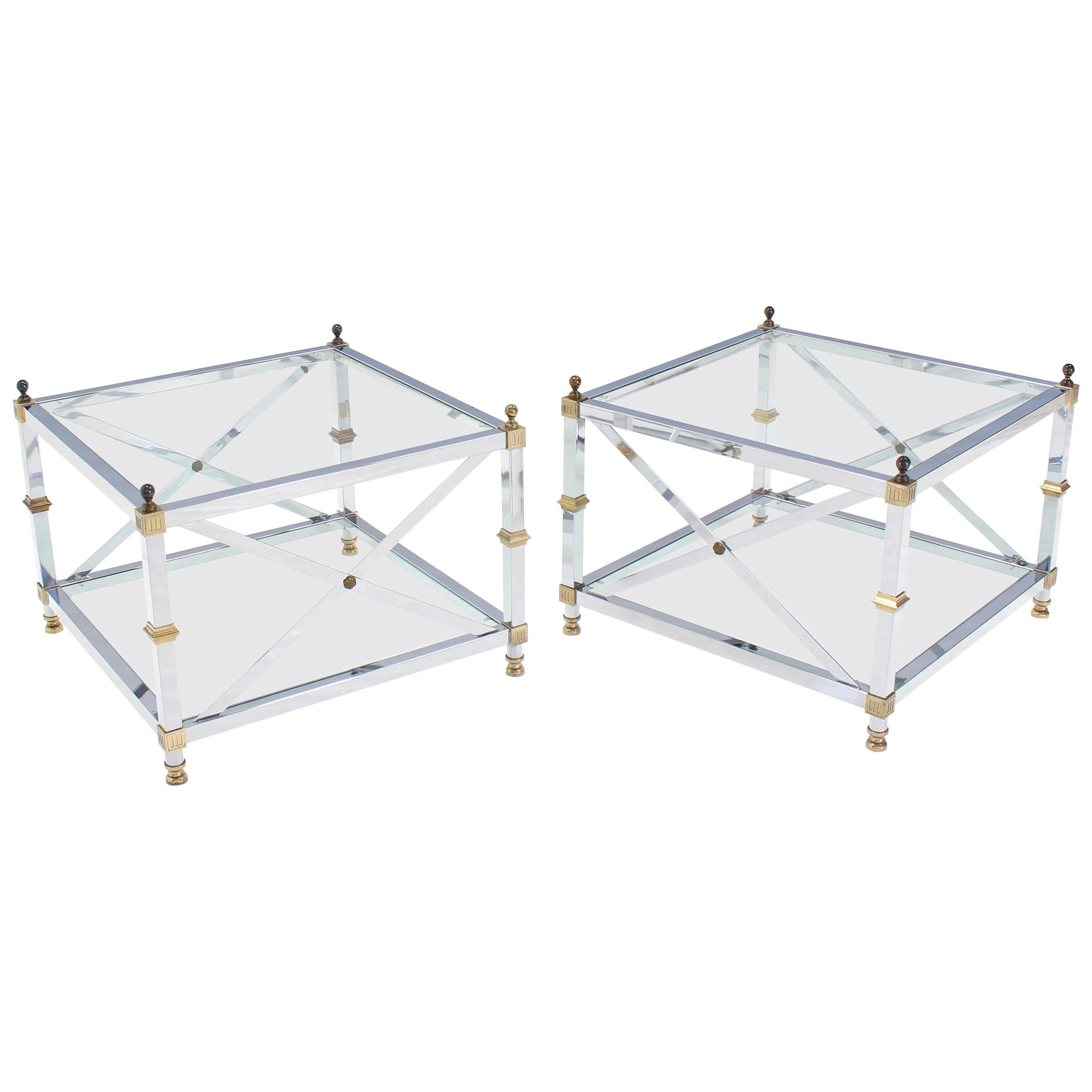 Pair of Large Square Jansen Chrome Brass Glass Side End Tables Mid-Century  For Sale