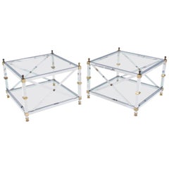 Pair of Large Square Jansen Chrome Brass Glass Side End Tables Mid-Century