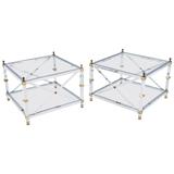 Pair of Large Square Jansen Chrome Brass Glass Side End Tables Mid-Century 