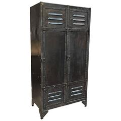 French Factory Industrial Litte Riveted Iron Cupboard Locker, 1930s