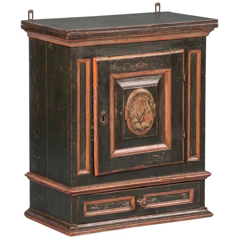 Antique 19th Century Danish Hanging Wall Cabinet With Original Green Antique 19th Century Danish Hanging Wall Cabinet With Original Green Paint For