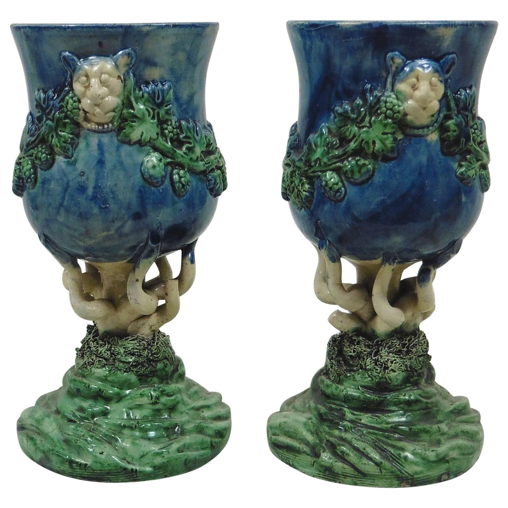 Pair of Majolica Palissy Chalices Vases with Grapes Circa 1880 For Sale