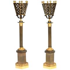 Antique 19th Century Regency Pair of Bronze and Gilt Brass Table Lamps