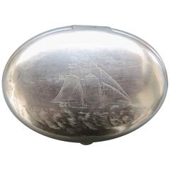 Vintage Silver Plated Box Engraved with a Sailing Ship