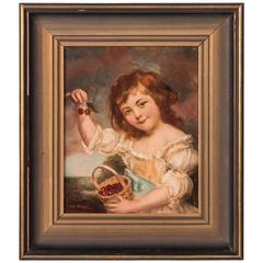 Antique 19th Century Original Oil Painting, Young Girl Eating Cherries