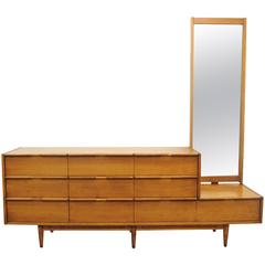 Vintage Mid-Century Modern Danish Style Walnut Credenza Long Dresser and Mirror