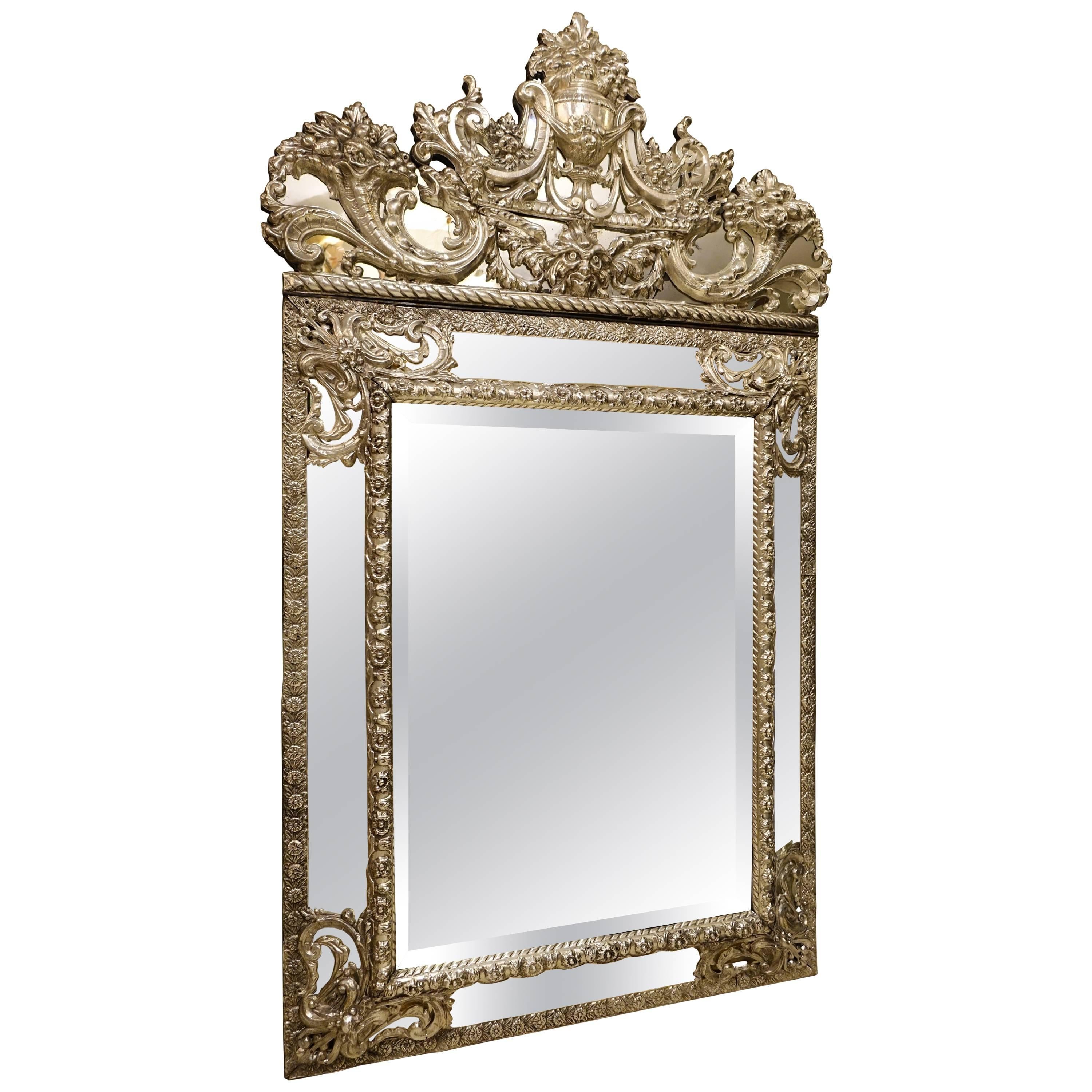 Mirror in Louis XIV Style in Embossed Silver Plated Brass, France 19th Century 