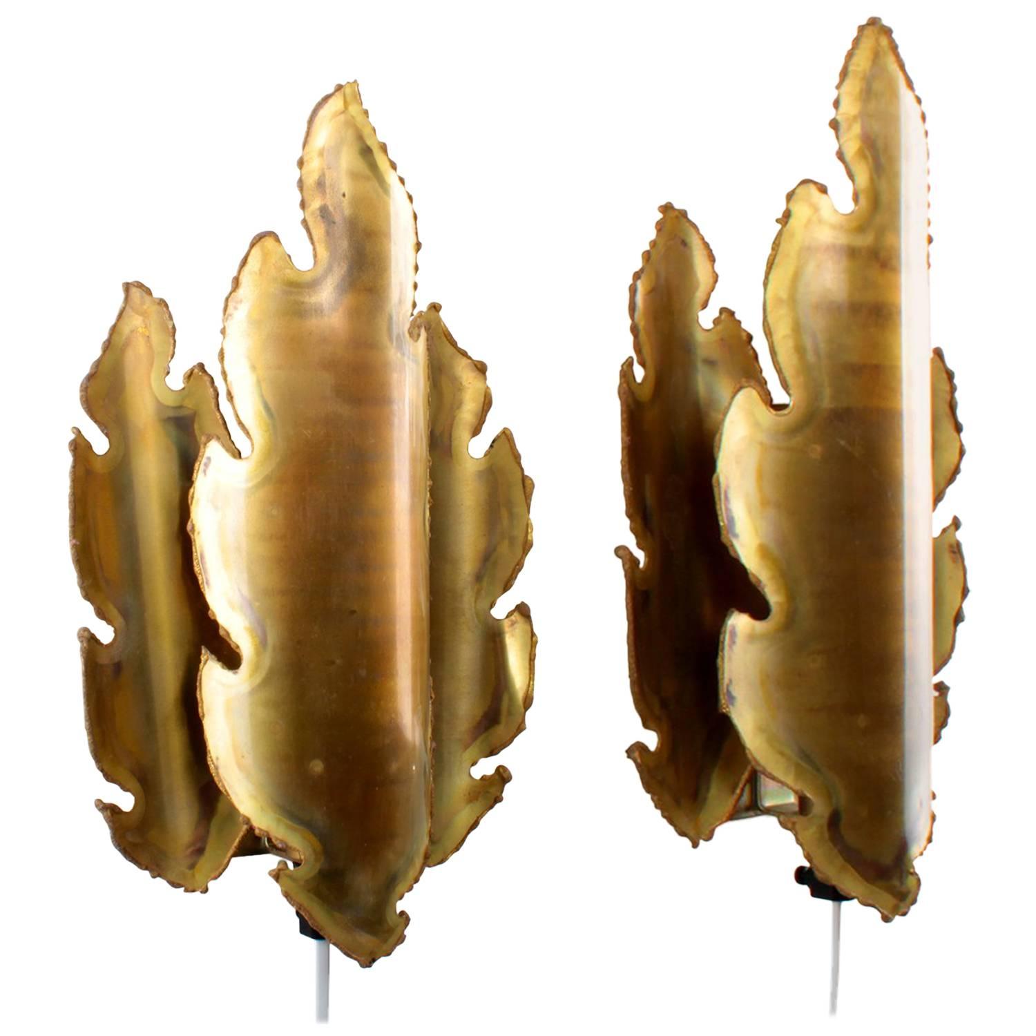 Brass Sconces Pair, by Holm Sorensen, 1960s, Brutalist Style Brass Wall Lamps