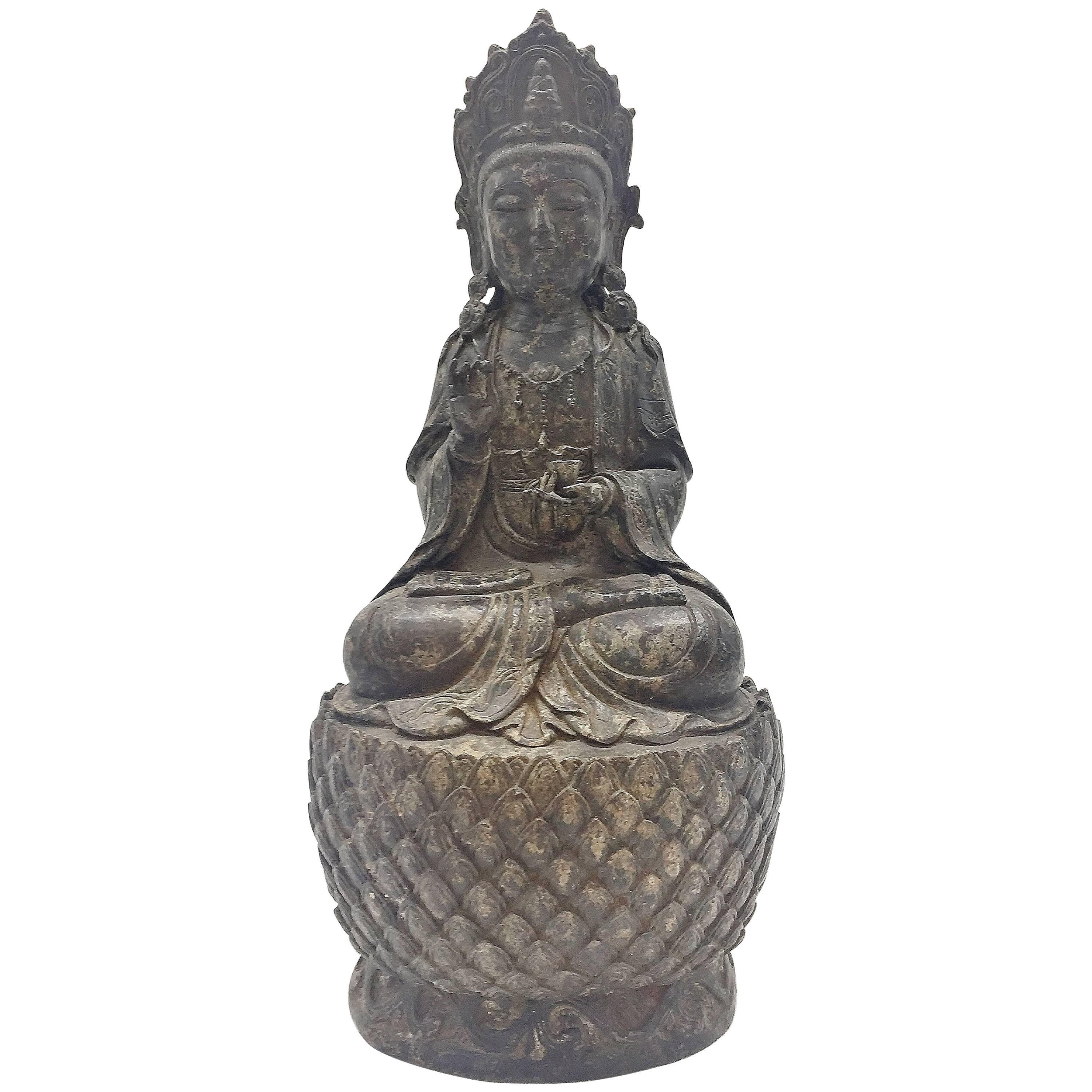 Antique Bronze Buddha Statue on Lotus Seat For Sale
