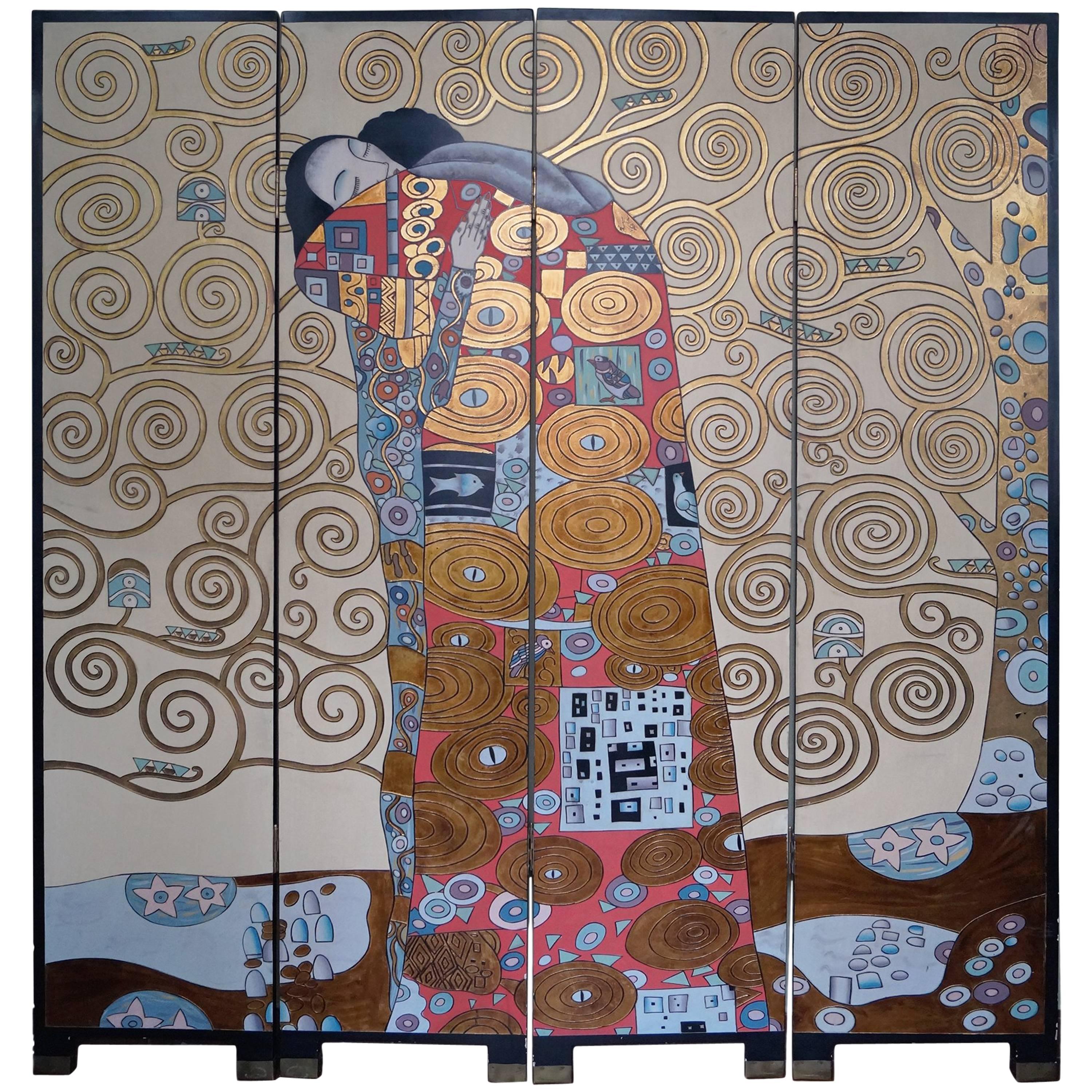 Rare Screen with Gustav Klimt the Kiss, France, 1970s