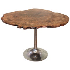 Modern Free Form Burl Walnut & Polished Aluminum Tulip Dining Kitchen Table 