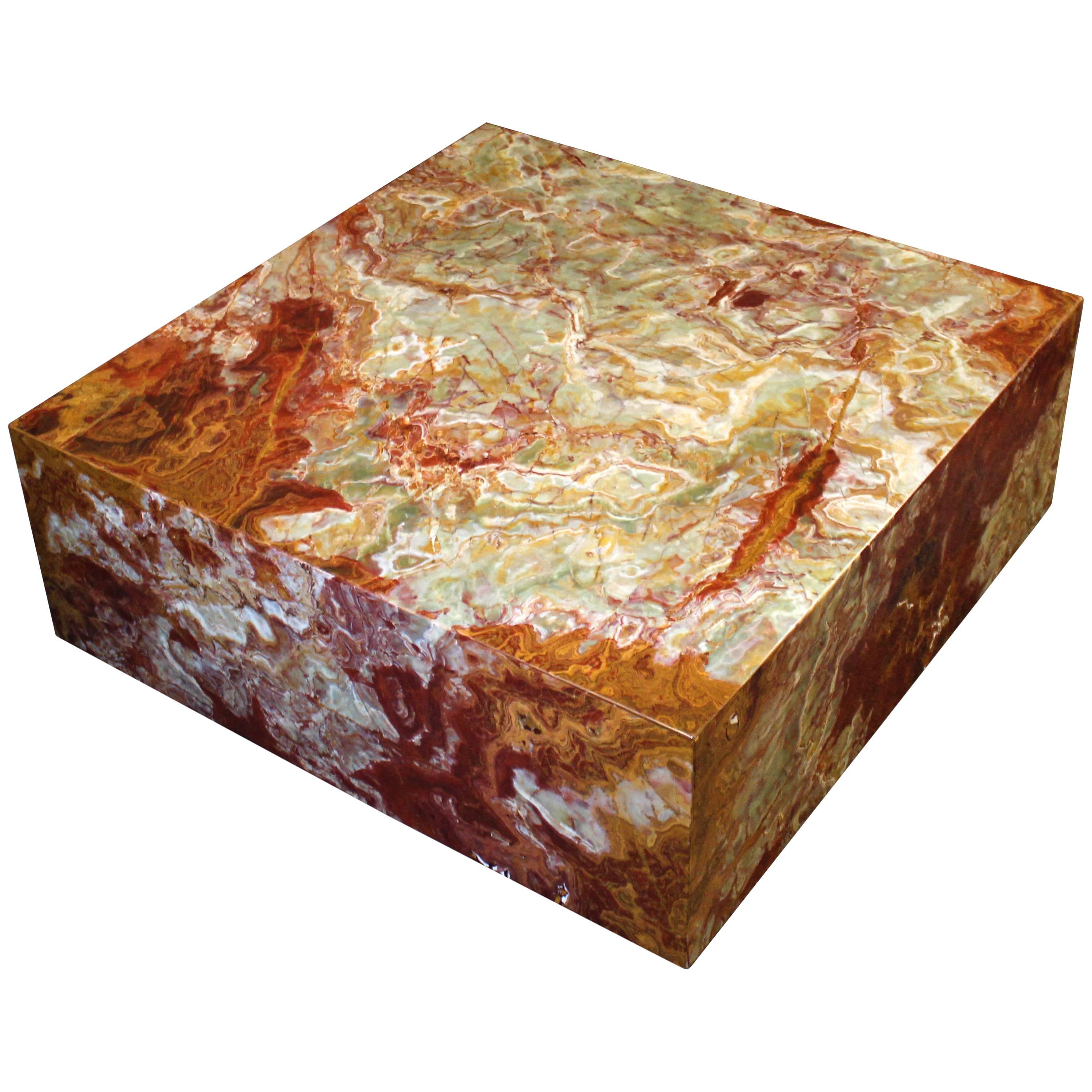 Large Custom-Made Square Onyx Marble Coffee Table on Wheels