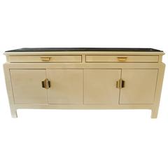 Karl Springer Style Cream Lacquer Credenza or Sideboard with Brass Accents 