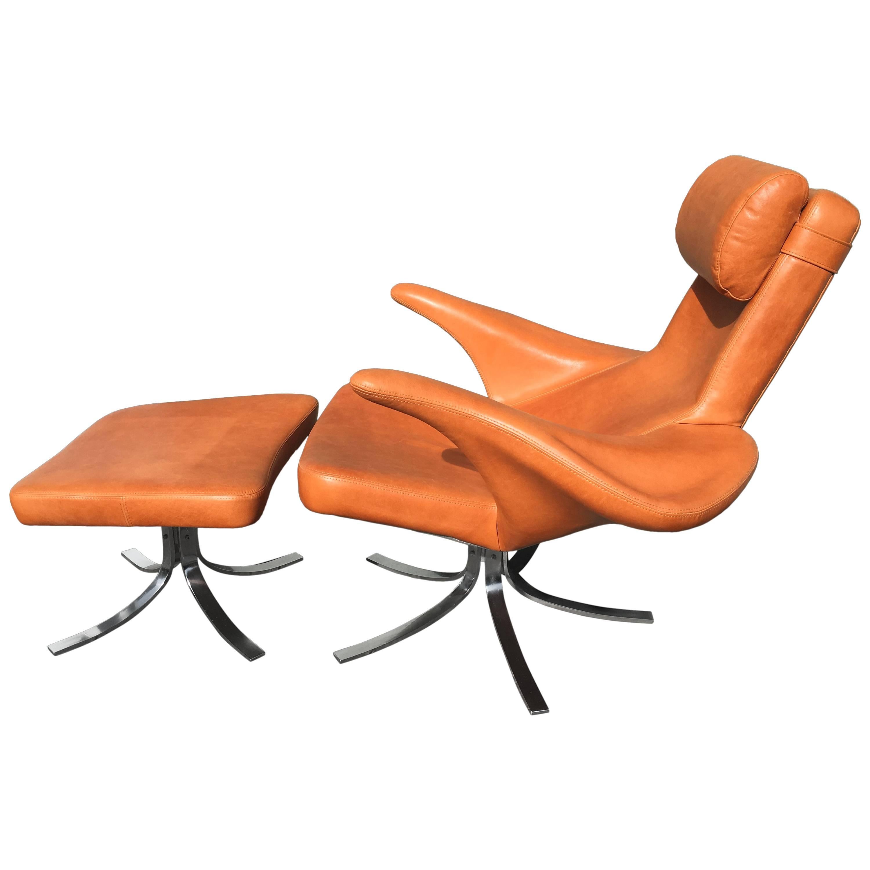 Cognac Leather 'Seagull' Chair and Ottoman by Gosta Berg and Stenerik Eriksson 