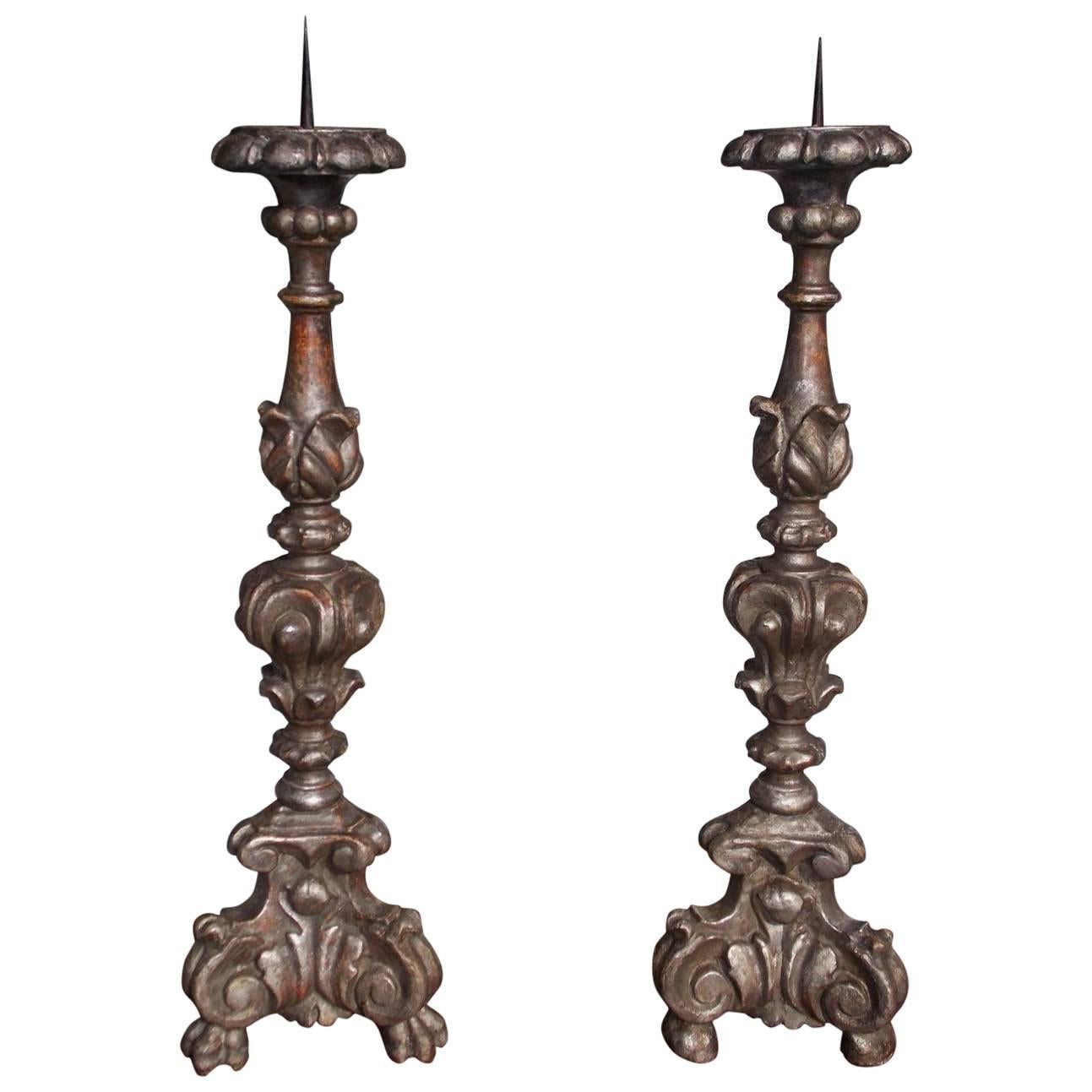 Pair of Italian Carved Wood and Silver Gilt Floral Prickets, Circa 1750 For Sale
