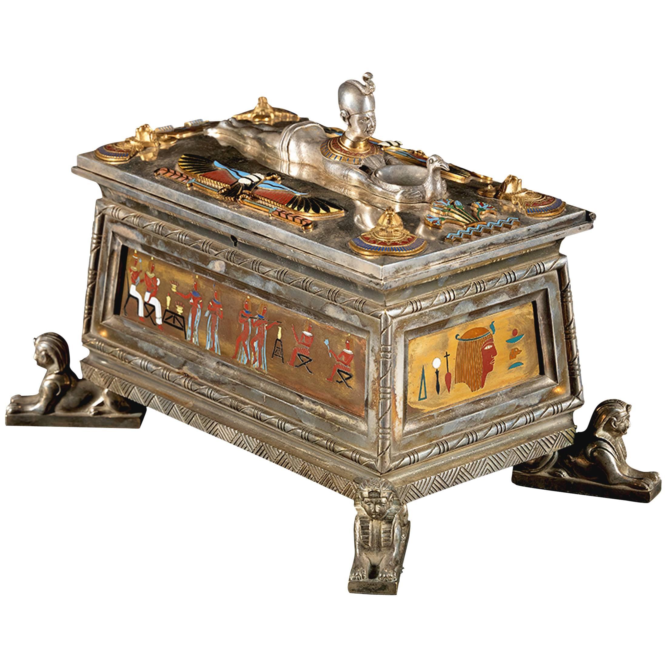 Egyptian Revival Silvered and Gilt Metal Cloisonné Enamel Casket, circa 1867 For Sale