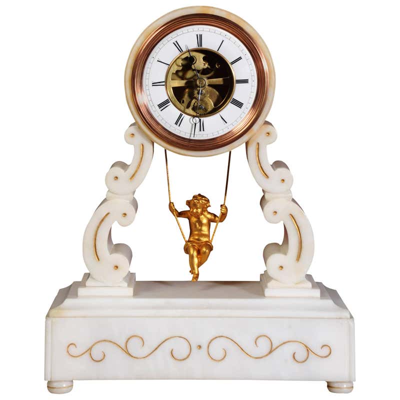 EugÃ©ne Farcot Rare Large Marble Cherub on a Swing Boudoir Clock, circa