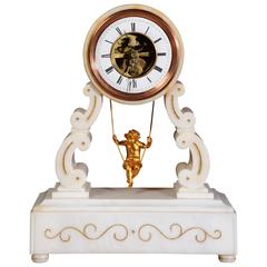 Antique Eugéne Farcot Rare Large Marble Cherub on a Swing Boudoir Clock, circa 1870