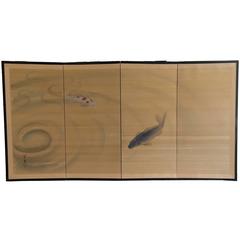 Japanese Screen, Koi Pond on Silk