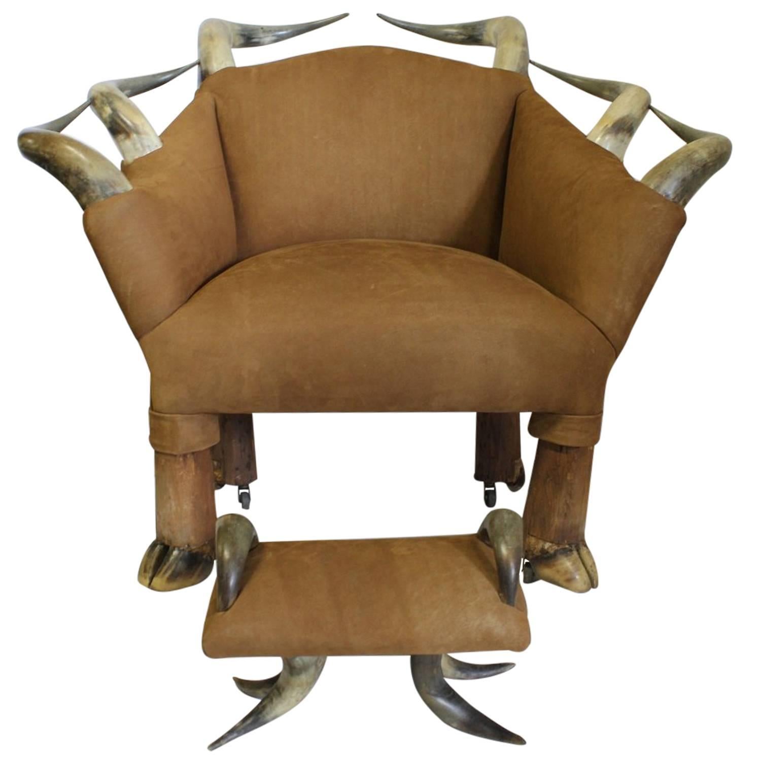 Spectacular Antique Horn and Suede Lounge Chair and Ottoman For Sale