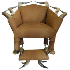 Spectacular Antique Horn and Suede Lounge Chair and Ottoman