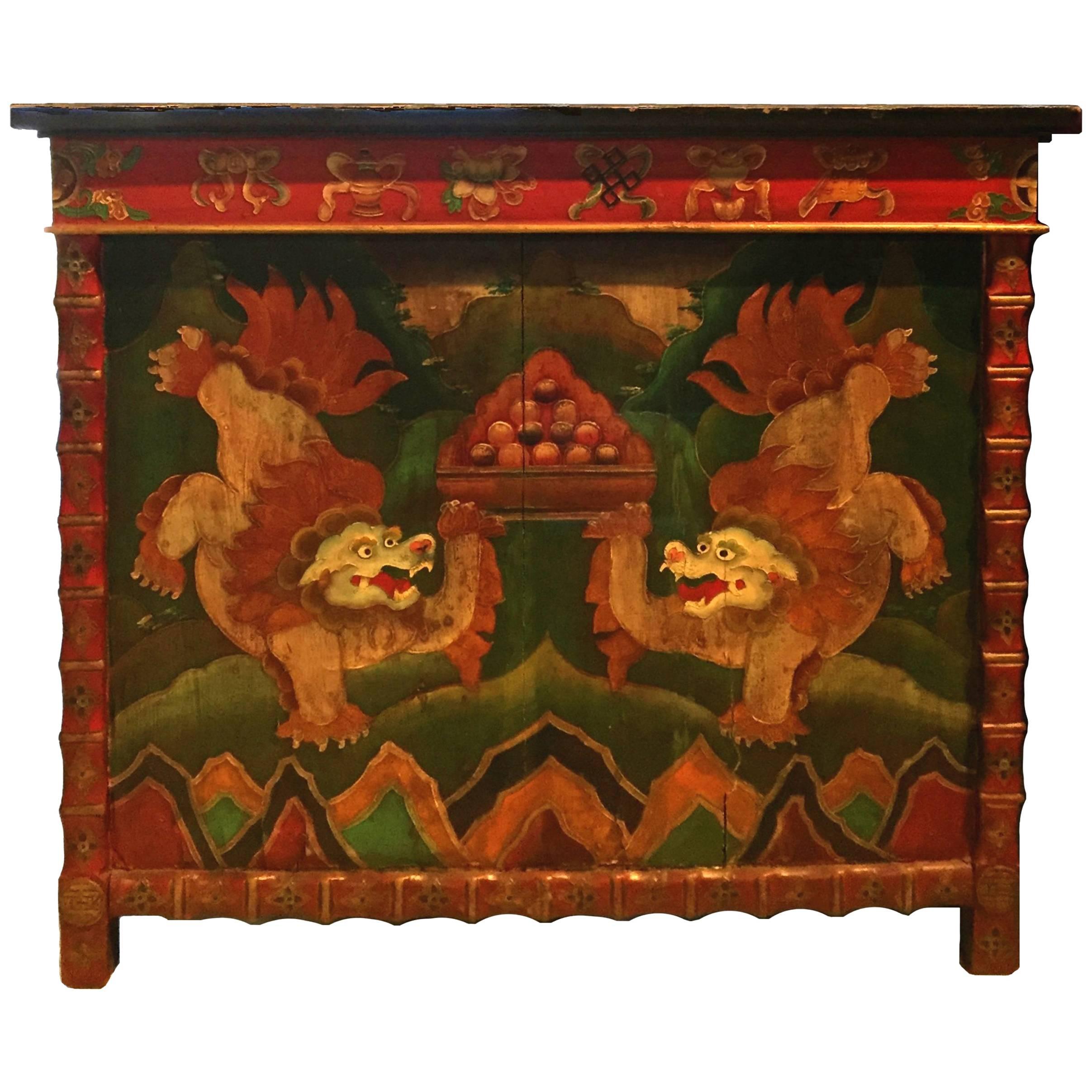 Antique Tibetan Altar Chest, Hand-Painted For Sale