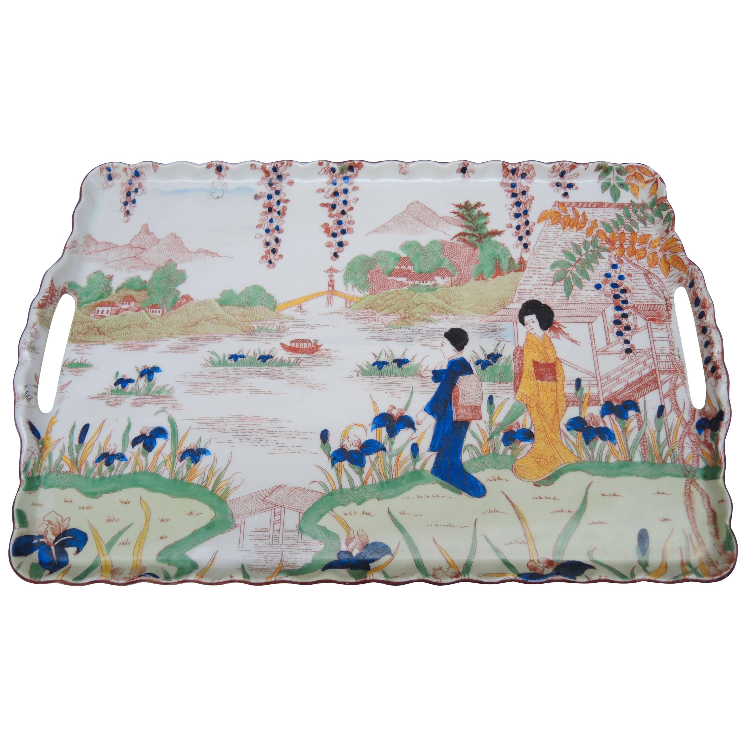 Vintage European Porcelain Tray with Chinoiserie Glazed Decoration