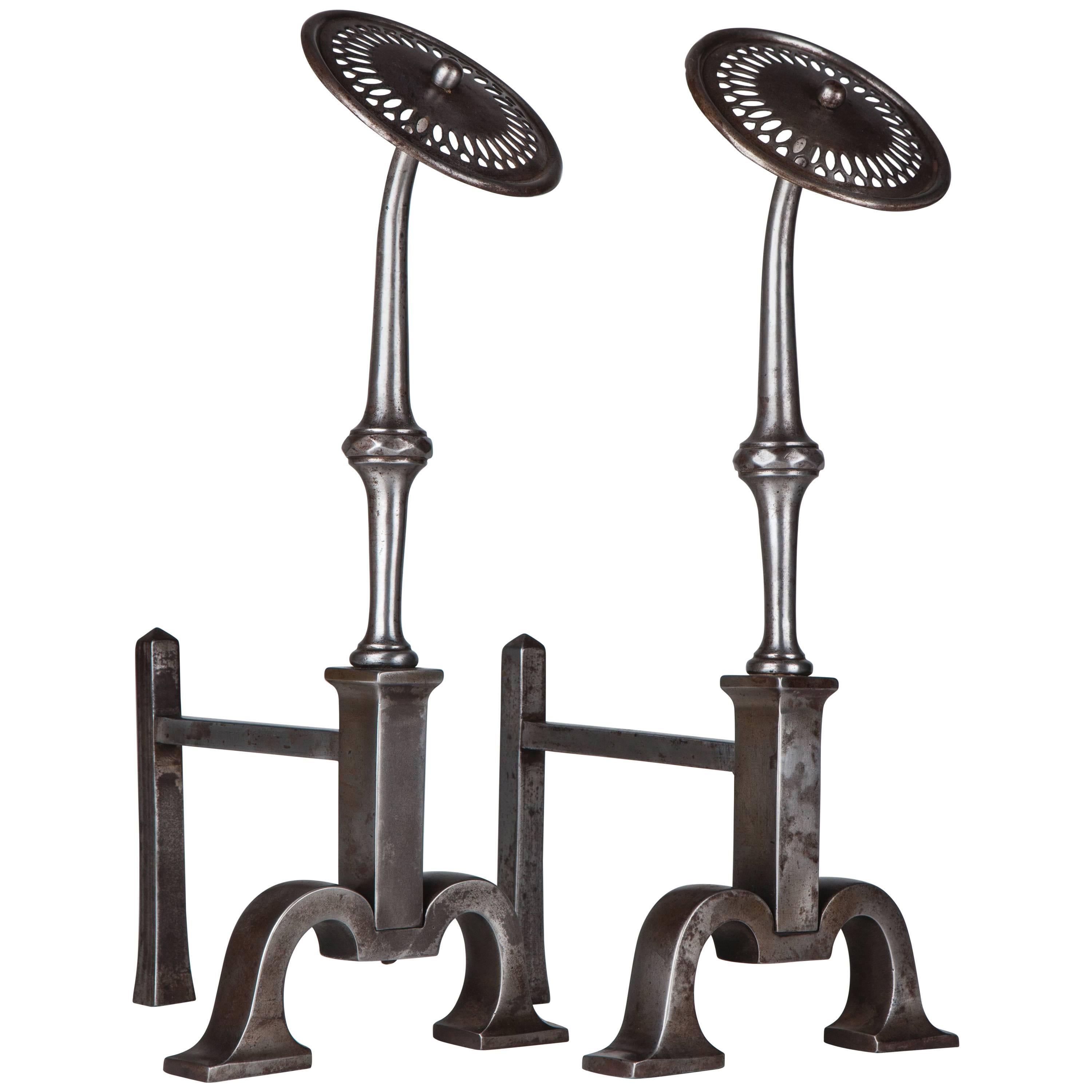 Wrought Iron Andirons with Pierced Circular Finials and Forged Bodies Circa 1890 For Sale