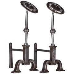 Wrought Iron Andirons with Pierced Circular Finials and Forged Bodies Circa 1890