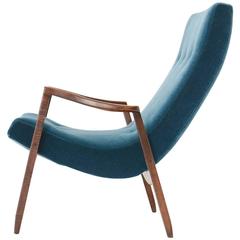 Milo Baughman Scoop Lounge Chair in Blue Velvet with Maple Frame 