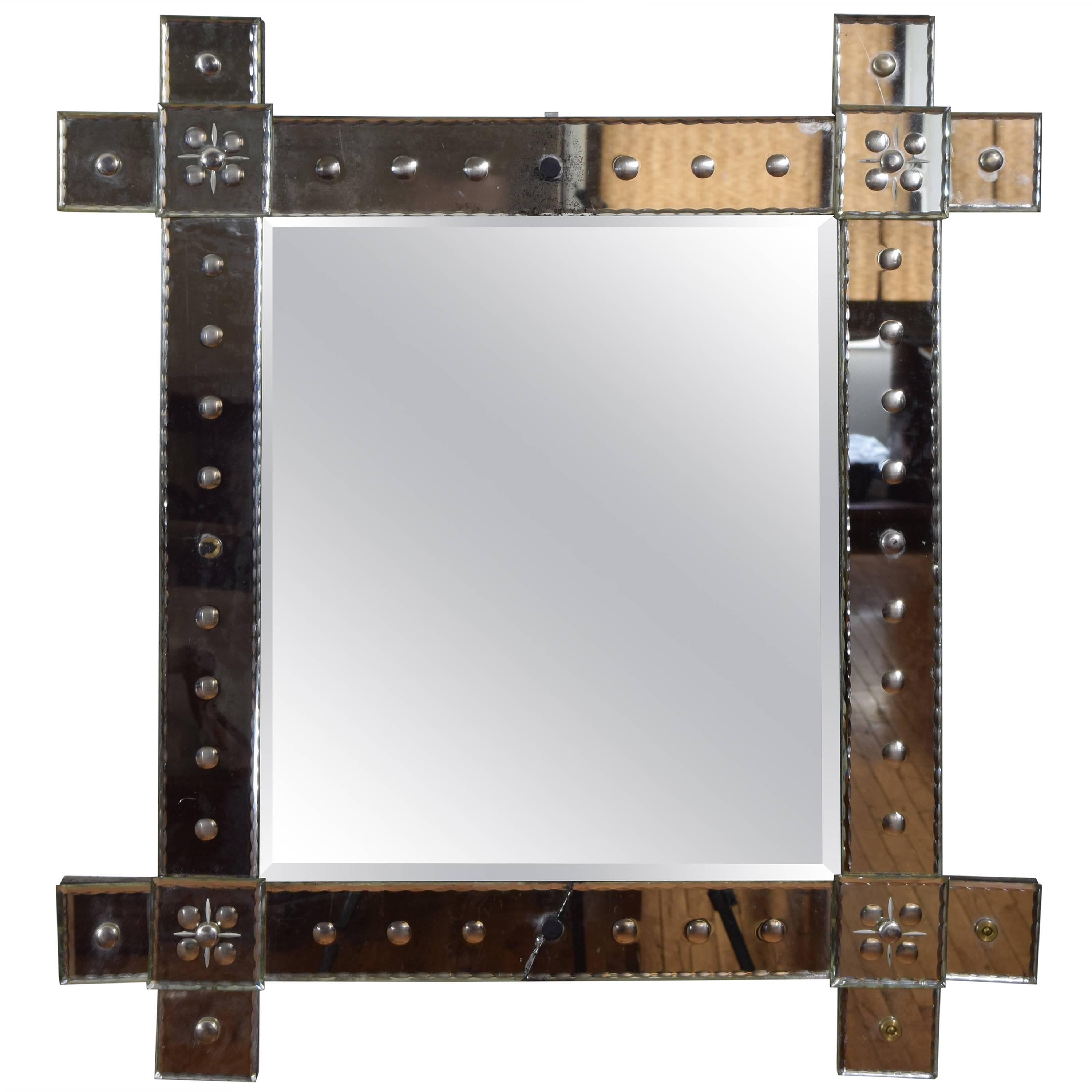 French Mid 20th Century Etched Glass Wall Mirror For Sale