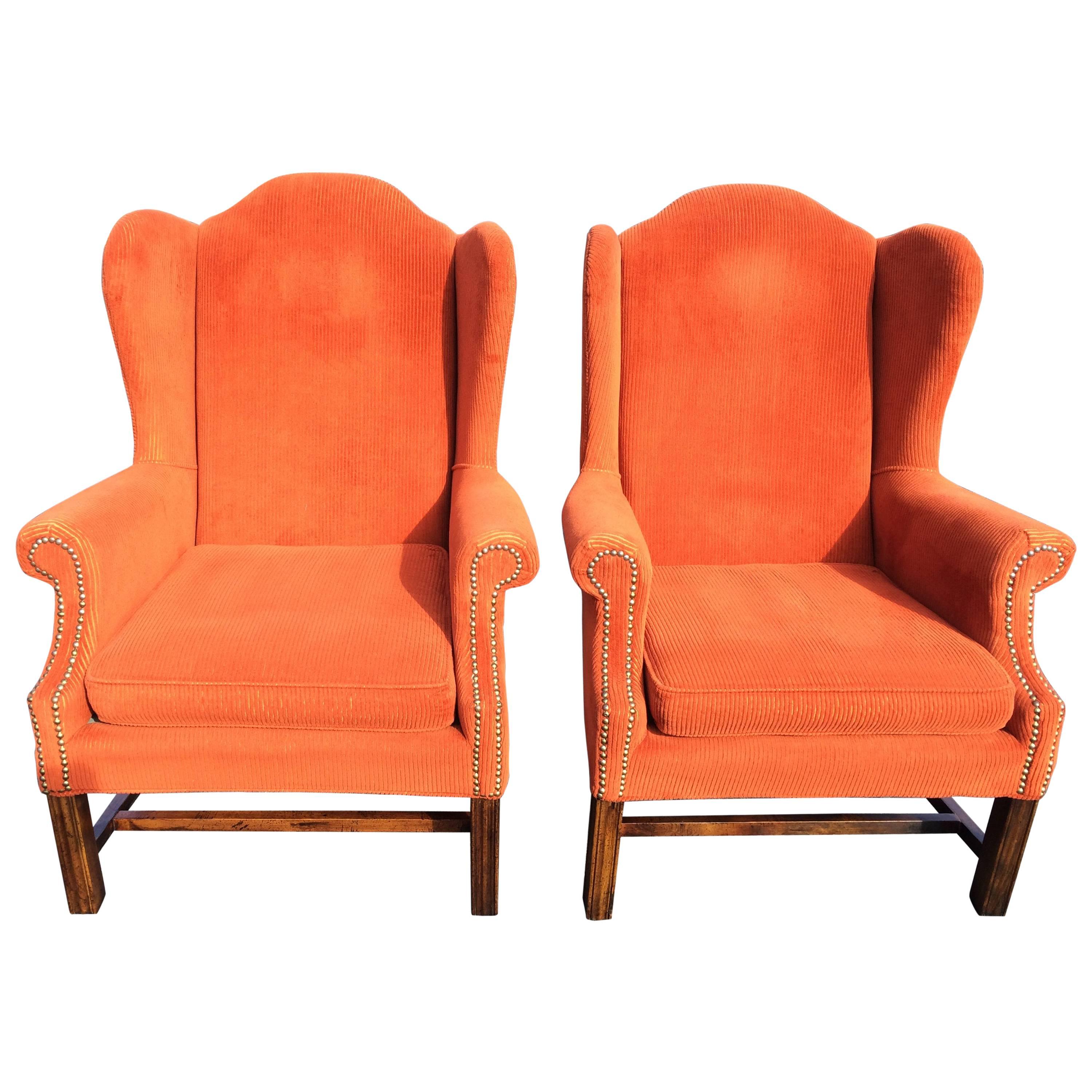Pair of Orange Corduroy Wing Back Chairs
