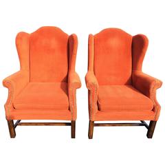 Retro Pair of Orange Corduroy Wing Back Chairs