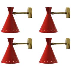 Set of Four Adjustable Italian Metal and Brass 
Red Lights
 Sconces, Wall Lamps