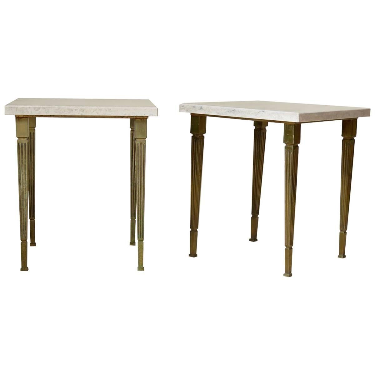 Chic Pair of Solid Brass and Stone Top Side Tables, France, circa 1950s