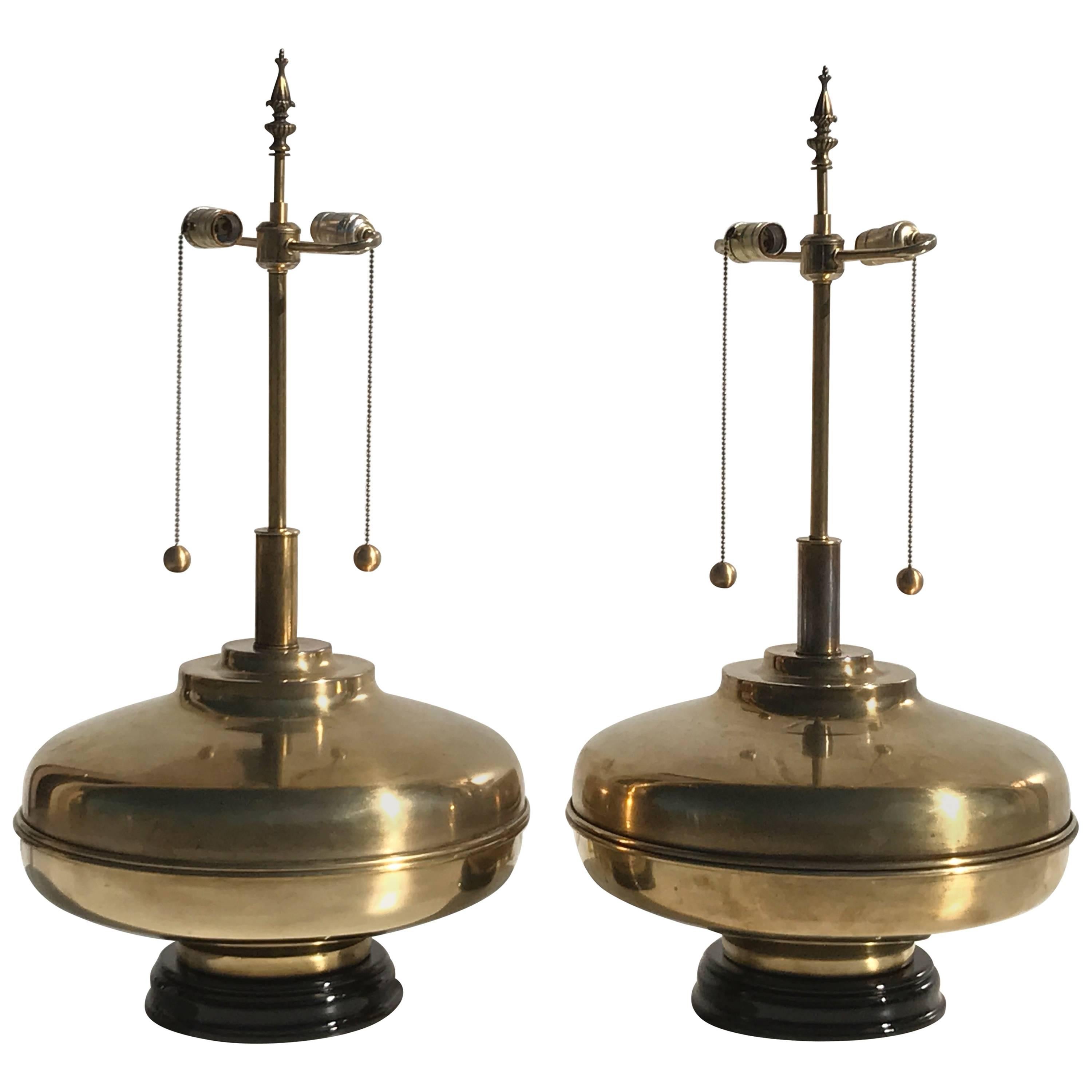 Pair of Giant Patinated Brass Lamps