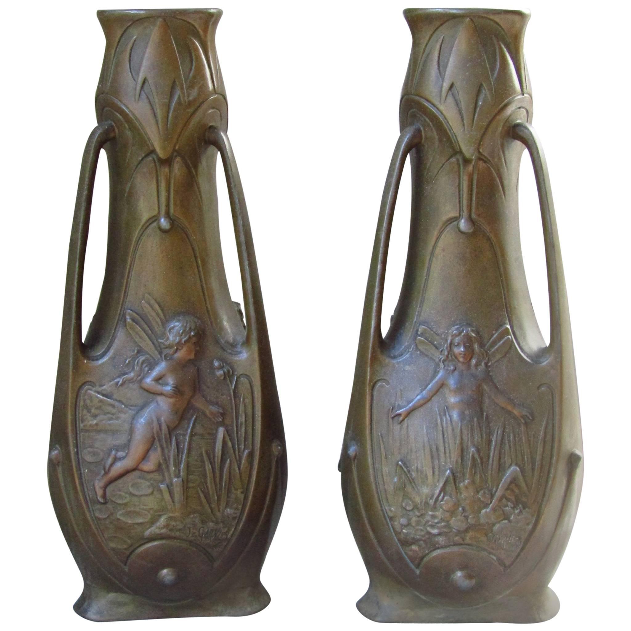 Pair of Art Nouveau Bronze Patinated Vases by J. Garnier, France, 1900