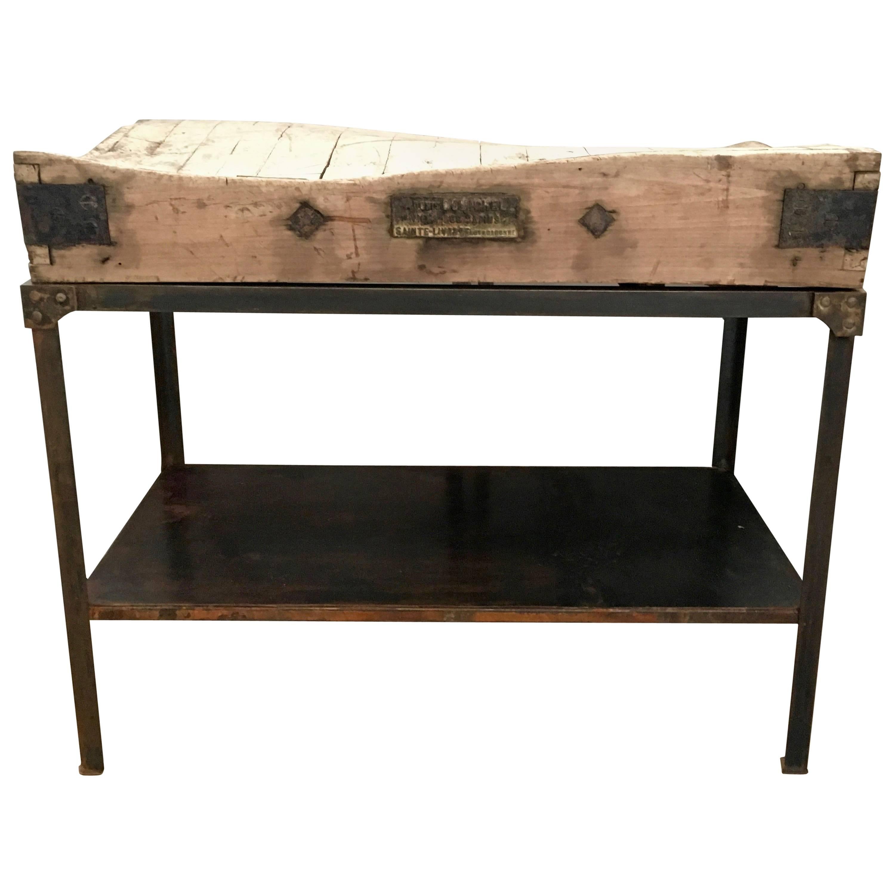 19th Century French Butchers Block with Steel Stand For Sale