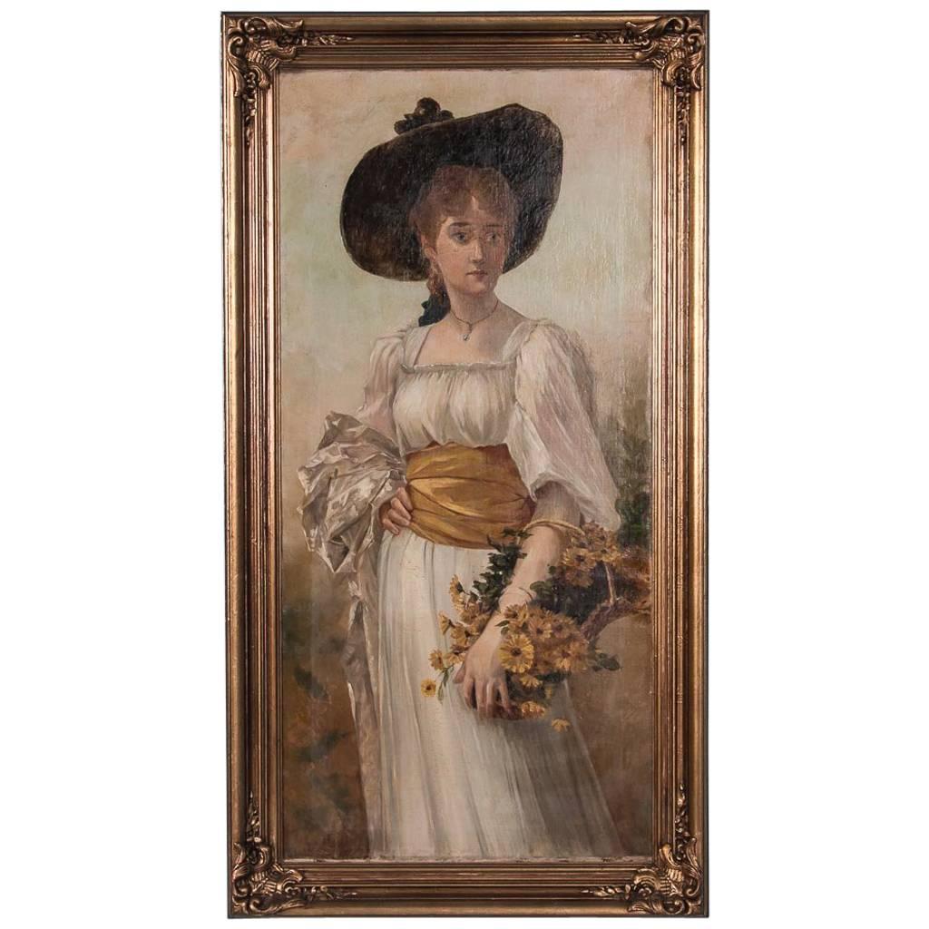 Antique 19th Century English Oil Painting Portrait of a Young Woman