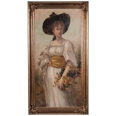 Antique peinture à l'huile anglaise du 19ème siècle Portrait d'une jeune femme