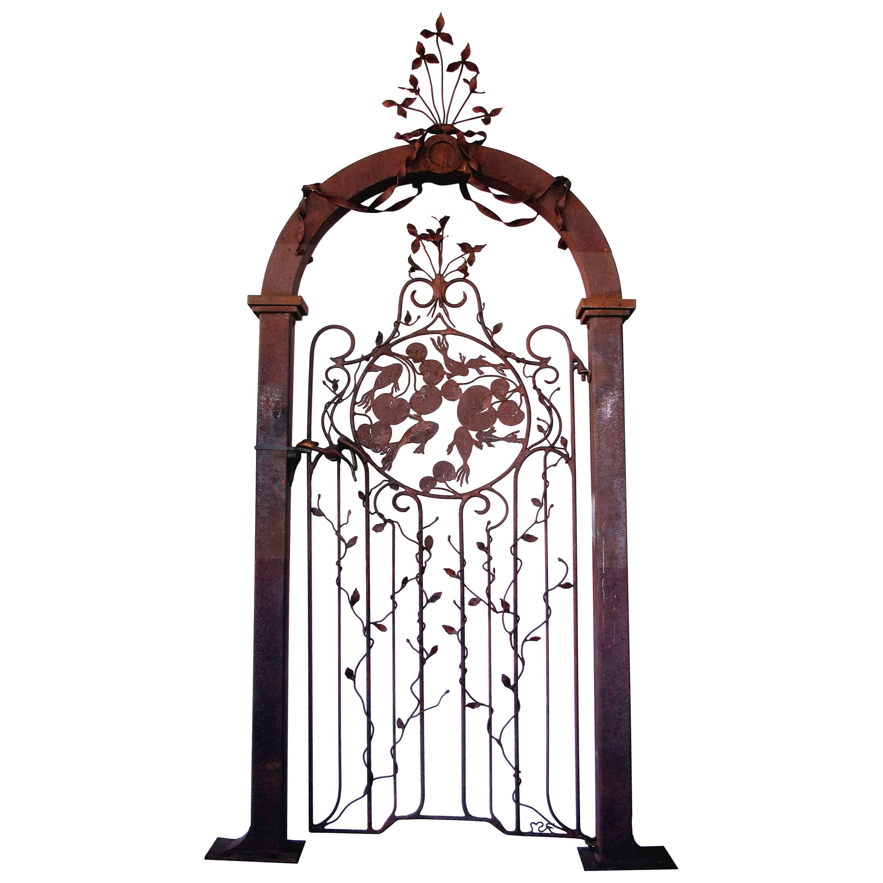 Well-Crafted Custom-Made Wrought Iron Gate W Foliate Vines and Swimming Fish