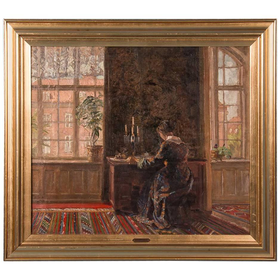 Antique Original Danish Interior Oil Painting, Signed Gerhart Blom